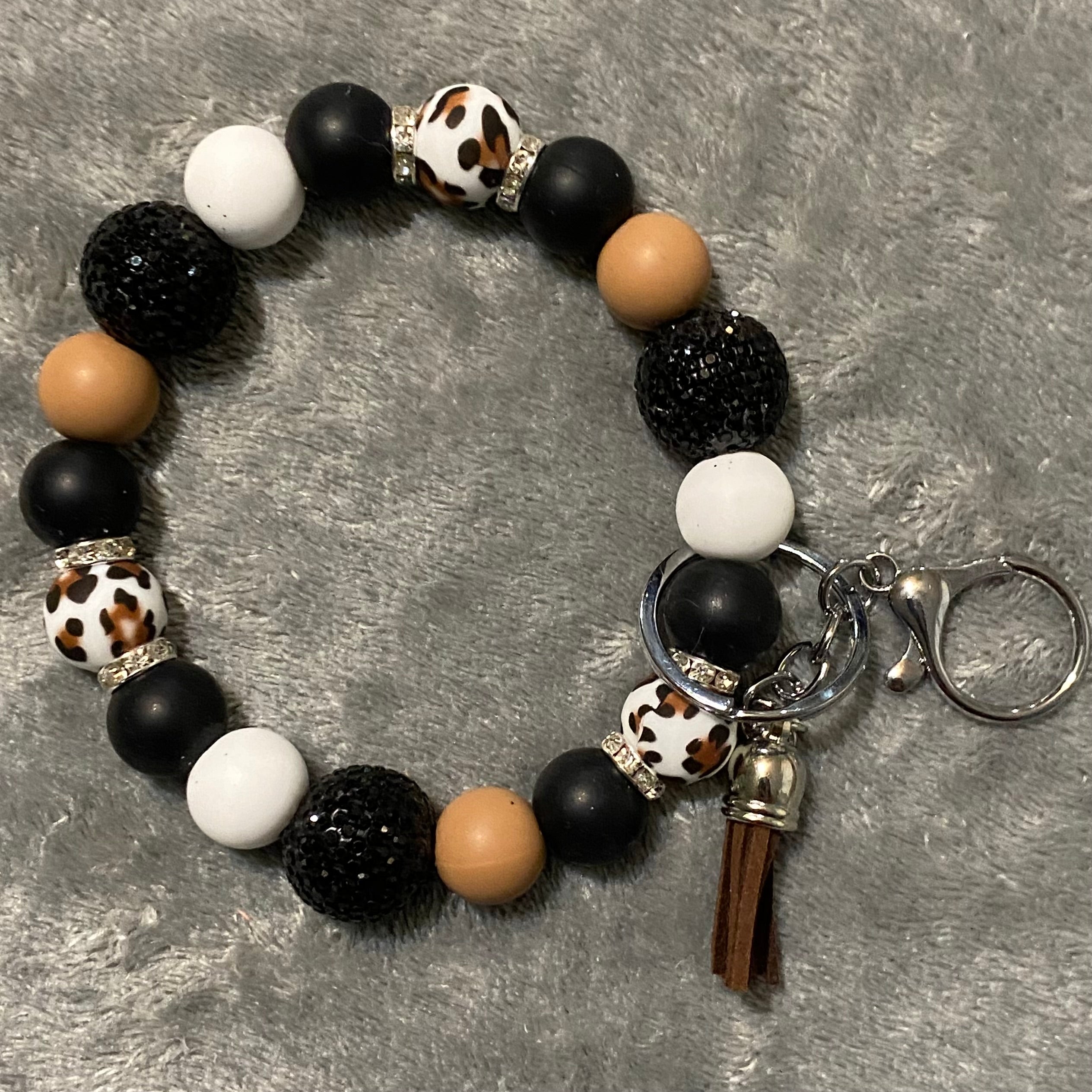 Beaded Wristlet Keychain - Brown, White, Black, Leopard