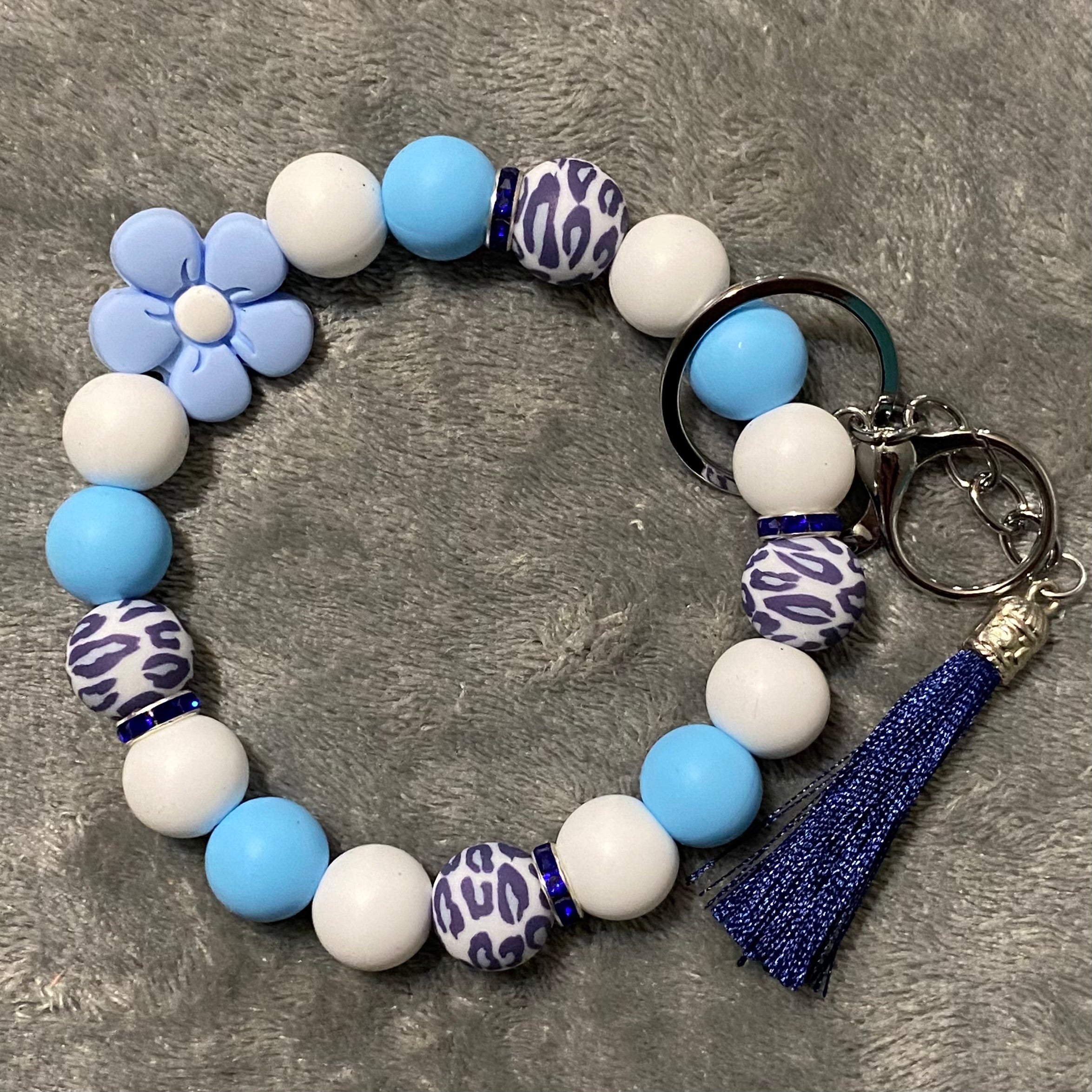 Beaded Wristlet Keychain - Blue, White, Leopard, Flower