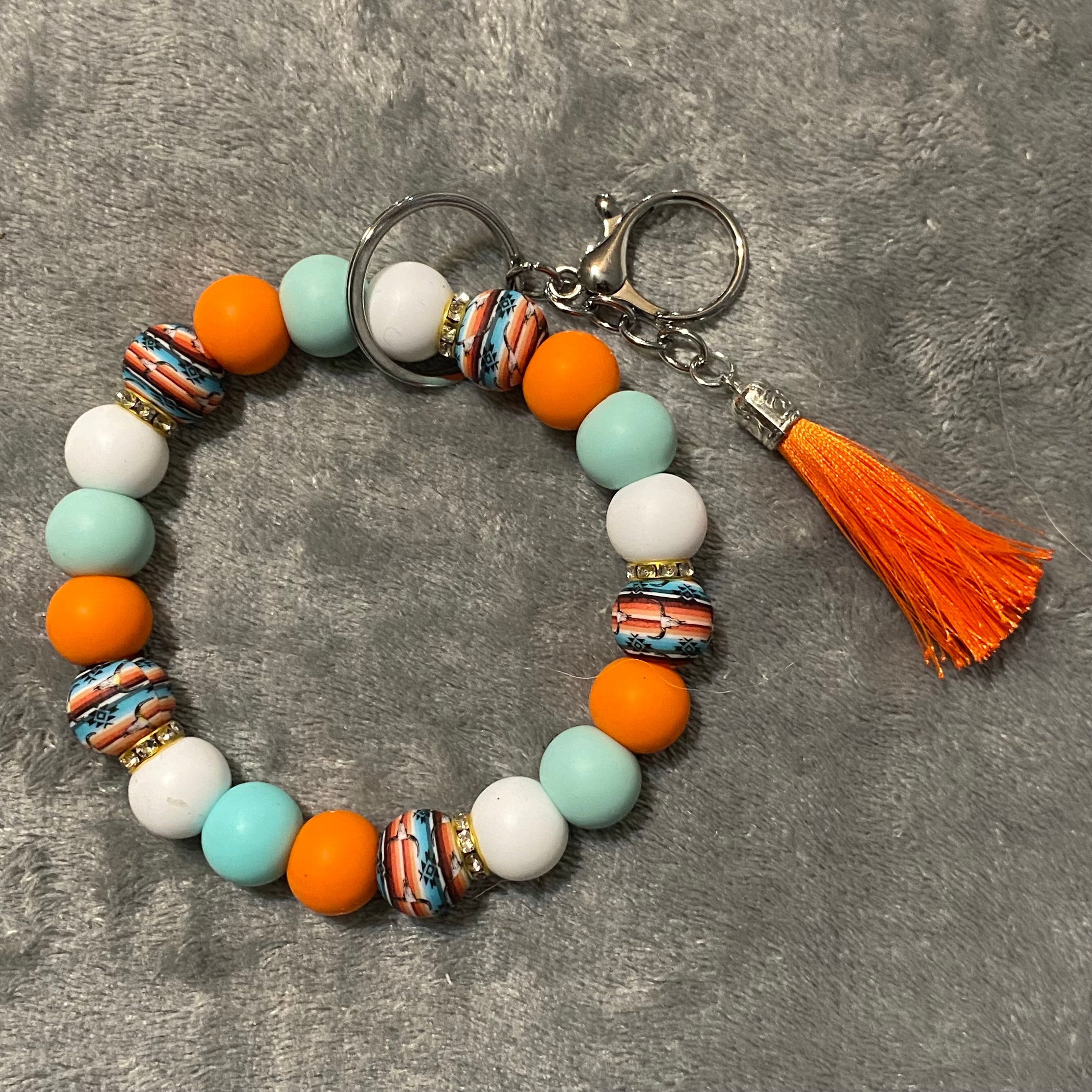 Beaded Wristlet Keychain - Aztec, Orange, Cyan, White