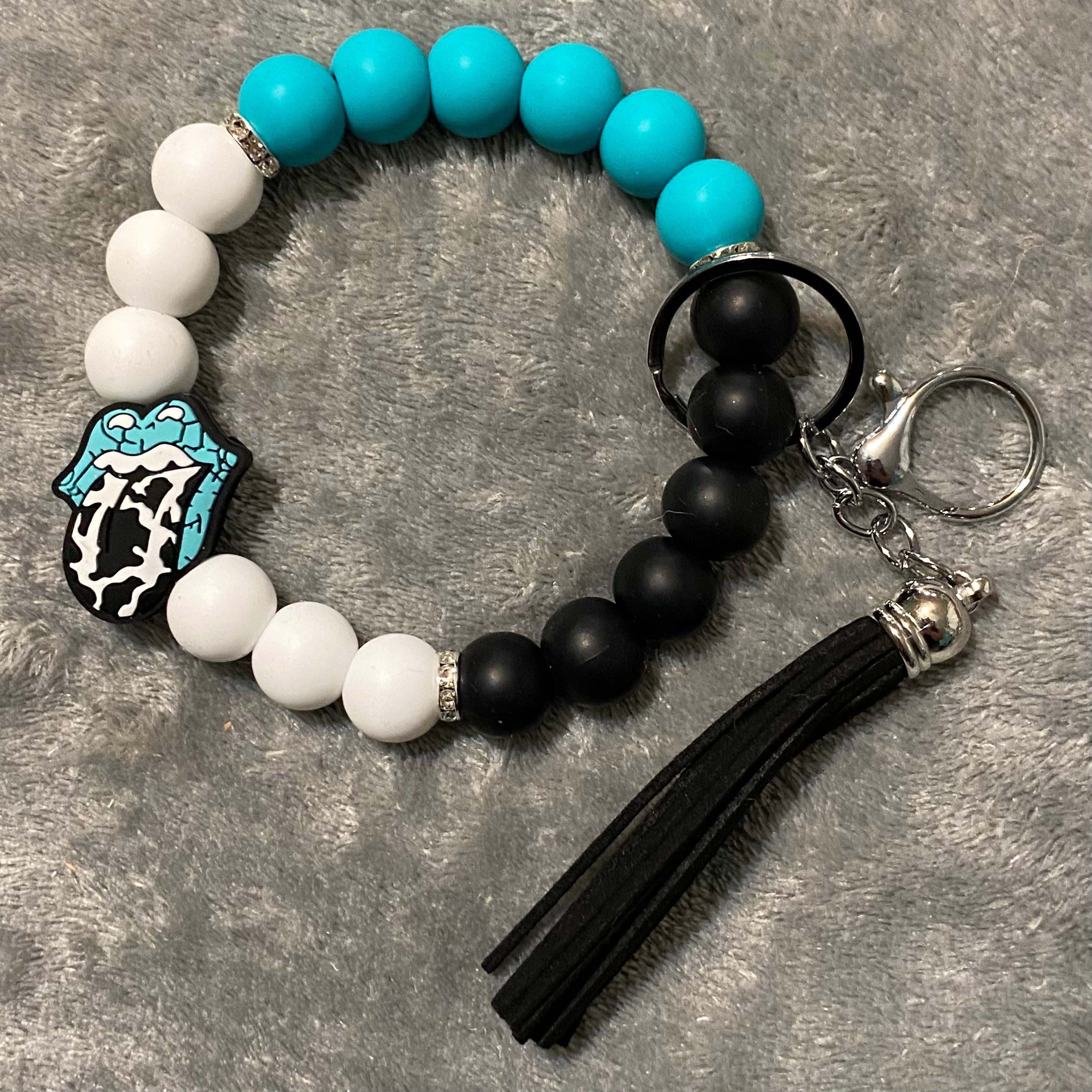 Beaded Wristlet Keychain - Turquoise, White, Black, Tongue